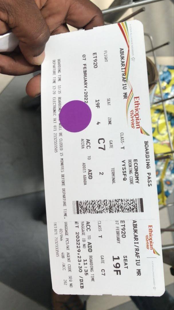 Ethiopian Airlines boarding pass for Rafiu Abukari, Accra to Addis Ababa