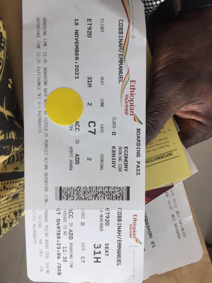 Ethiopian Airlines boarding pass for Emmanuel Cobbinah, Accra to Addis Ababa