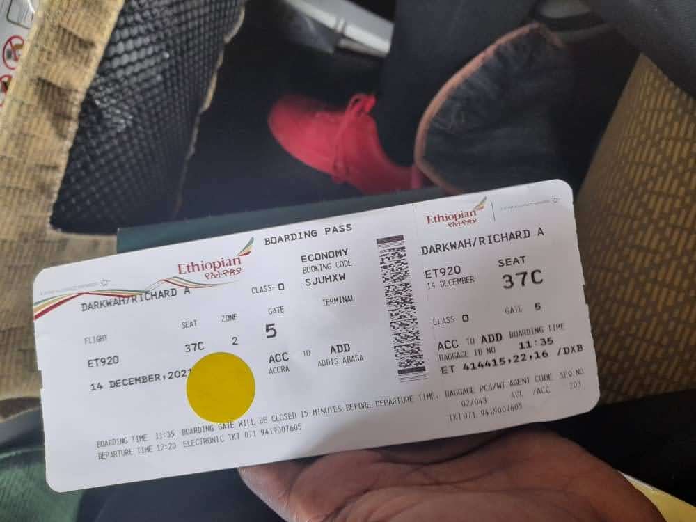 Ethiopian Airlines boarding pass for Richard Darkwah, Accra to Addis Ababa