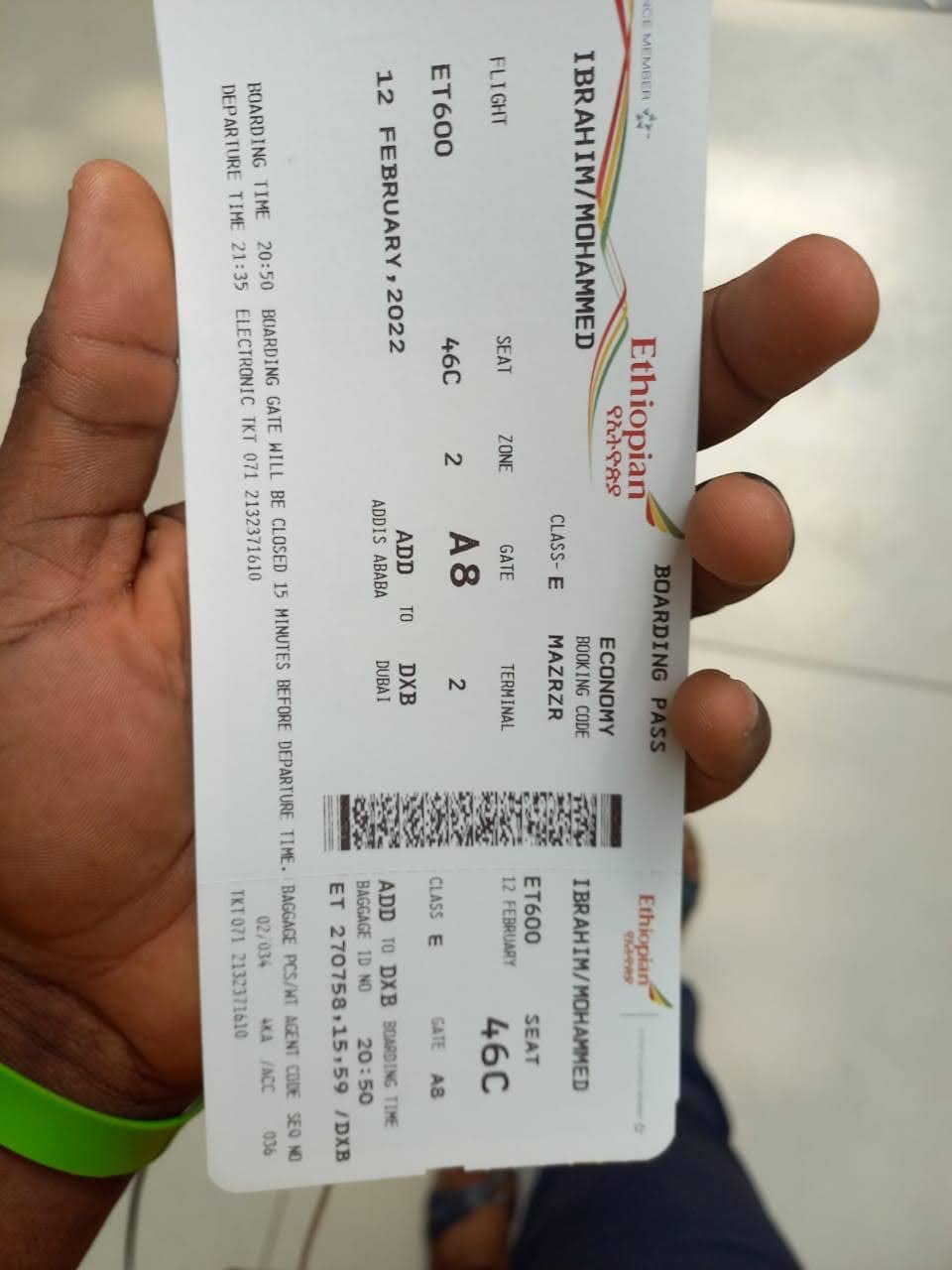 Ethiopian Airlines boarding pass for Mohammed Ibrahim, Addis Ababa to Dubai
